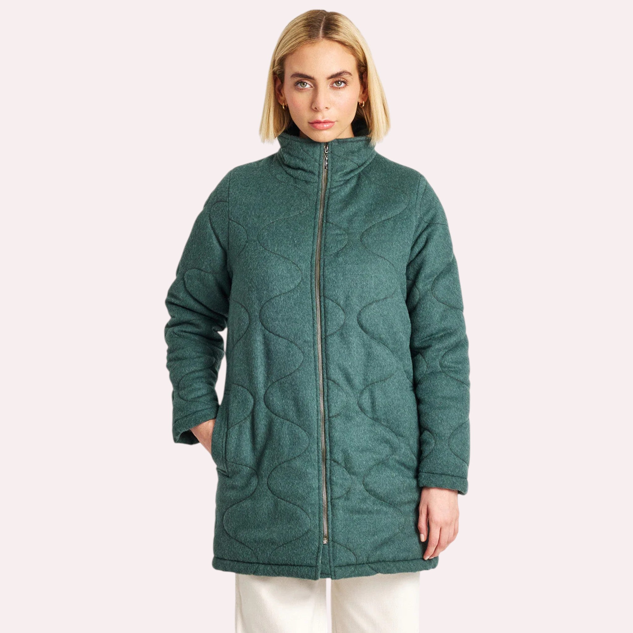 Women’s quilted green alpaca coat, cosy winter outerwear.