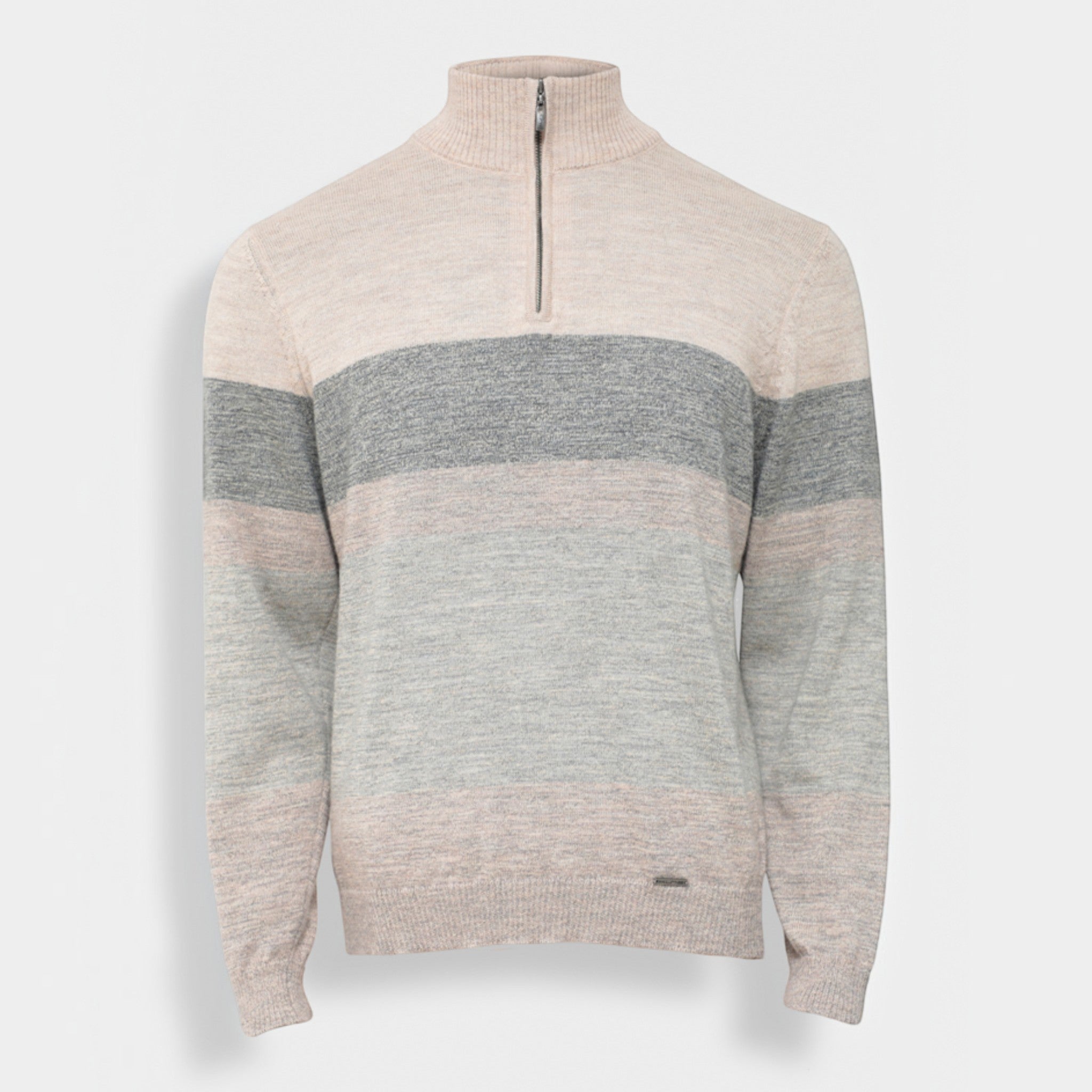 Yonas men’s Baby Alpaca sweater in Lluvia with charcoal and grey stripes