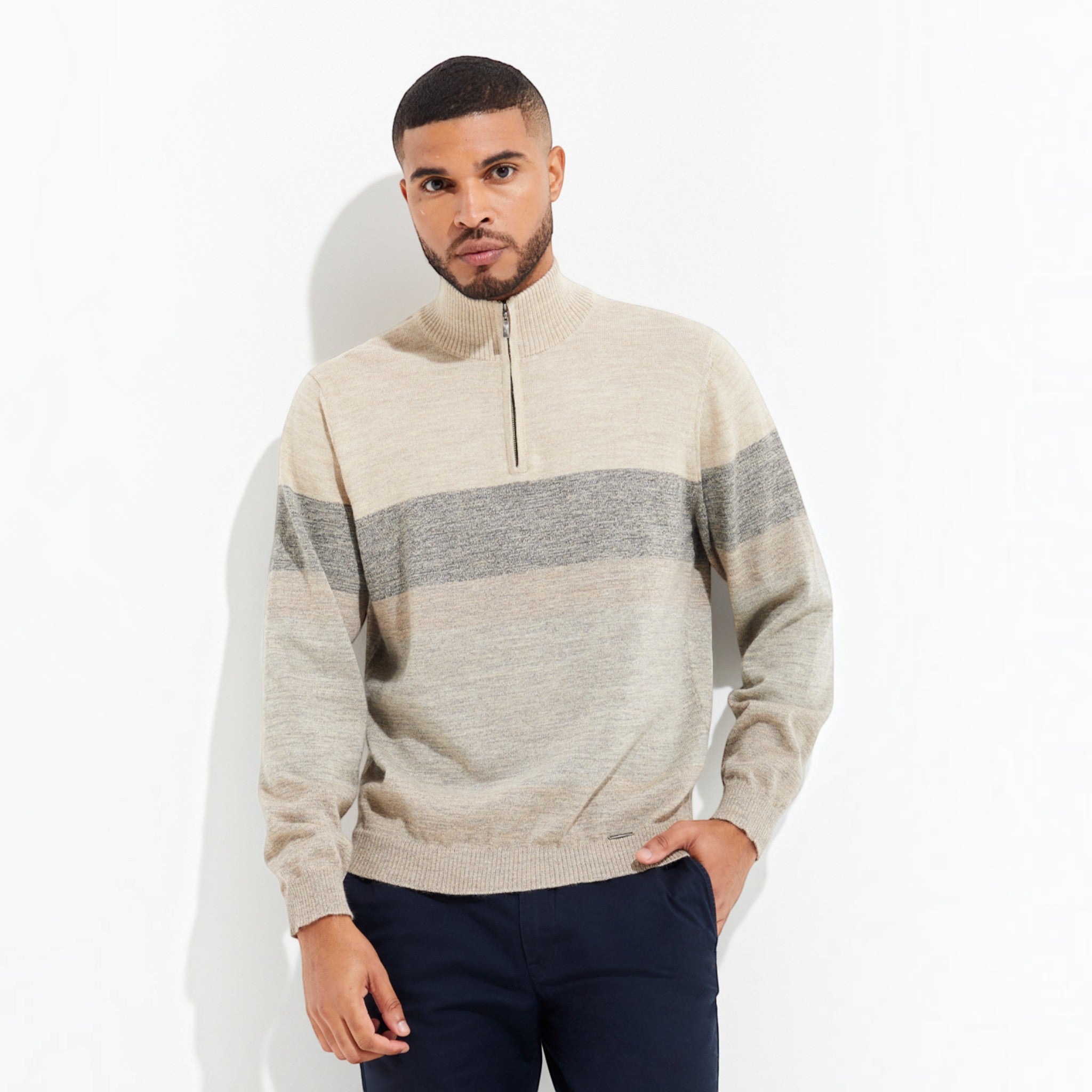 Men’s Yonas quarter-zip sweater in cream, charcoal and grey, made from 100% Baby Alpaca