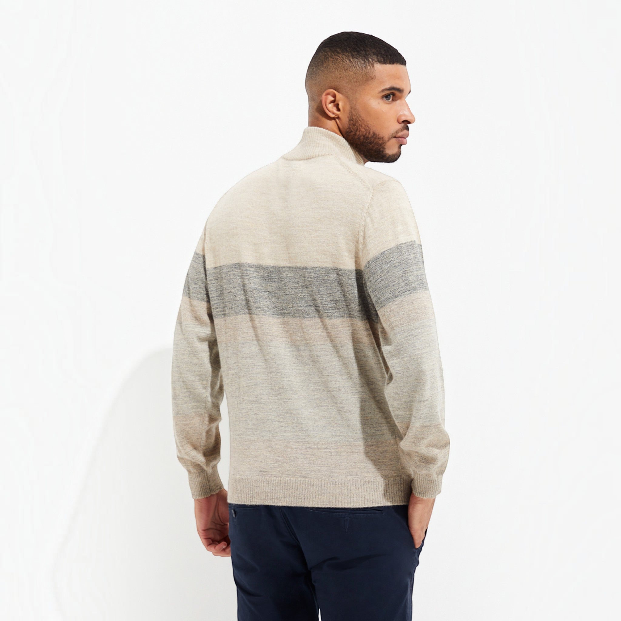 Men’s striped Baby Alpaca sweater in cream, dark charcoal and soft grey