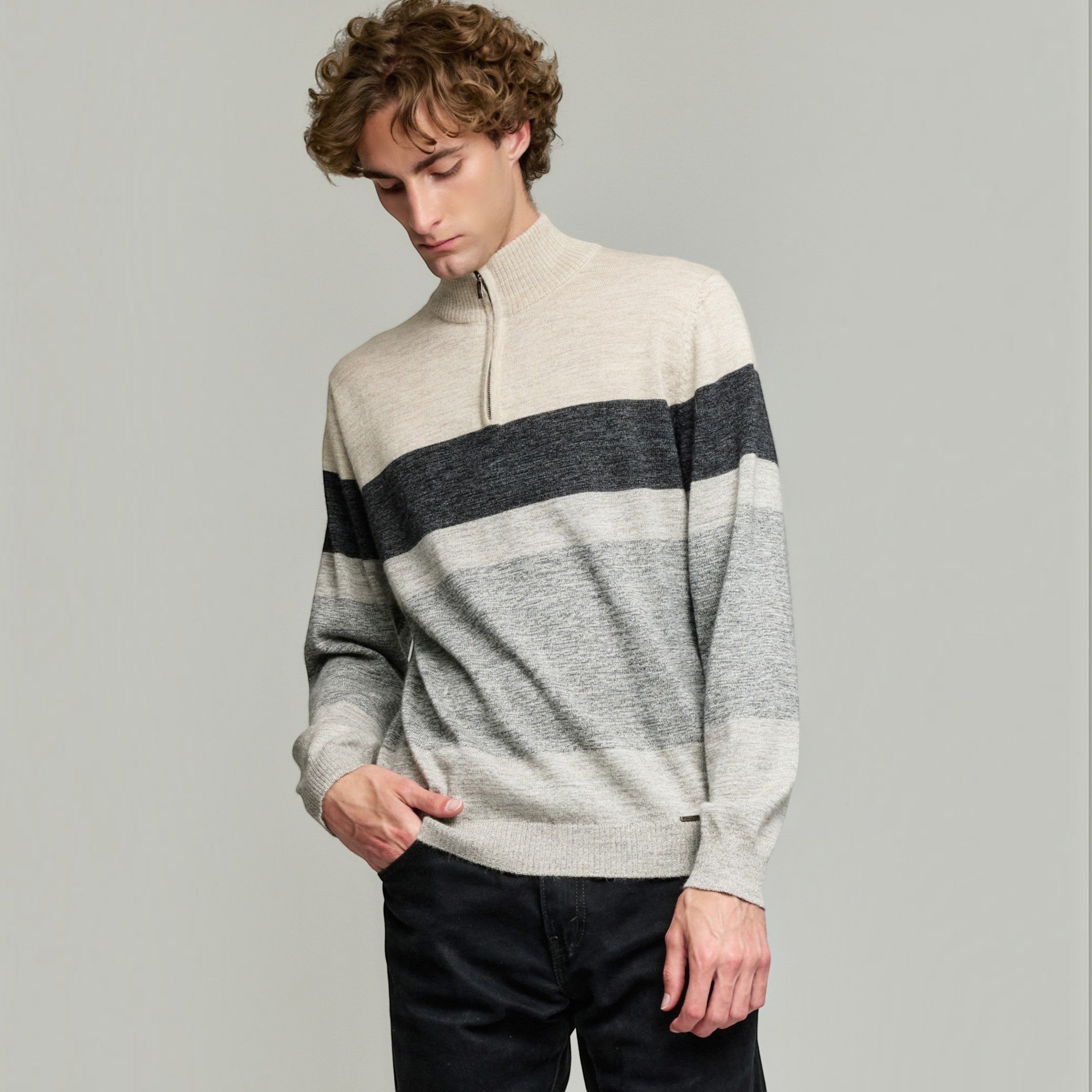 Men’s Yonas quarter-zip sweater in mocha and grey, made from 100% Baby Alpaca