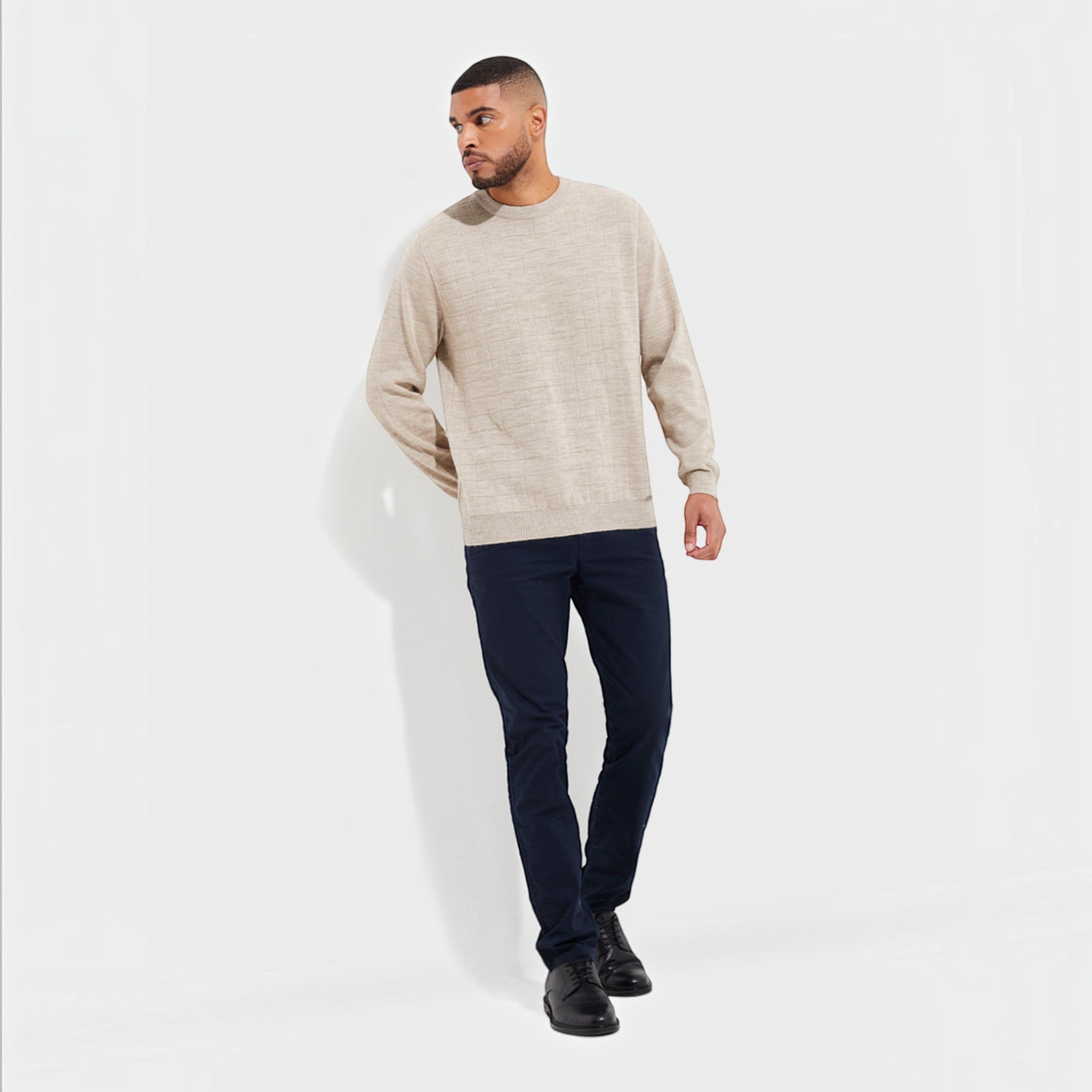 Men’s beige Baby Alpaca knit with subtle checked texture across the front