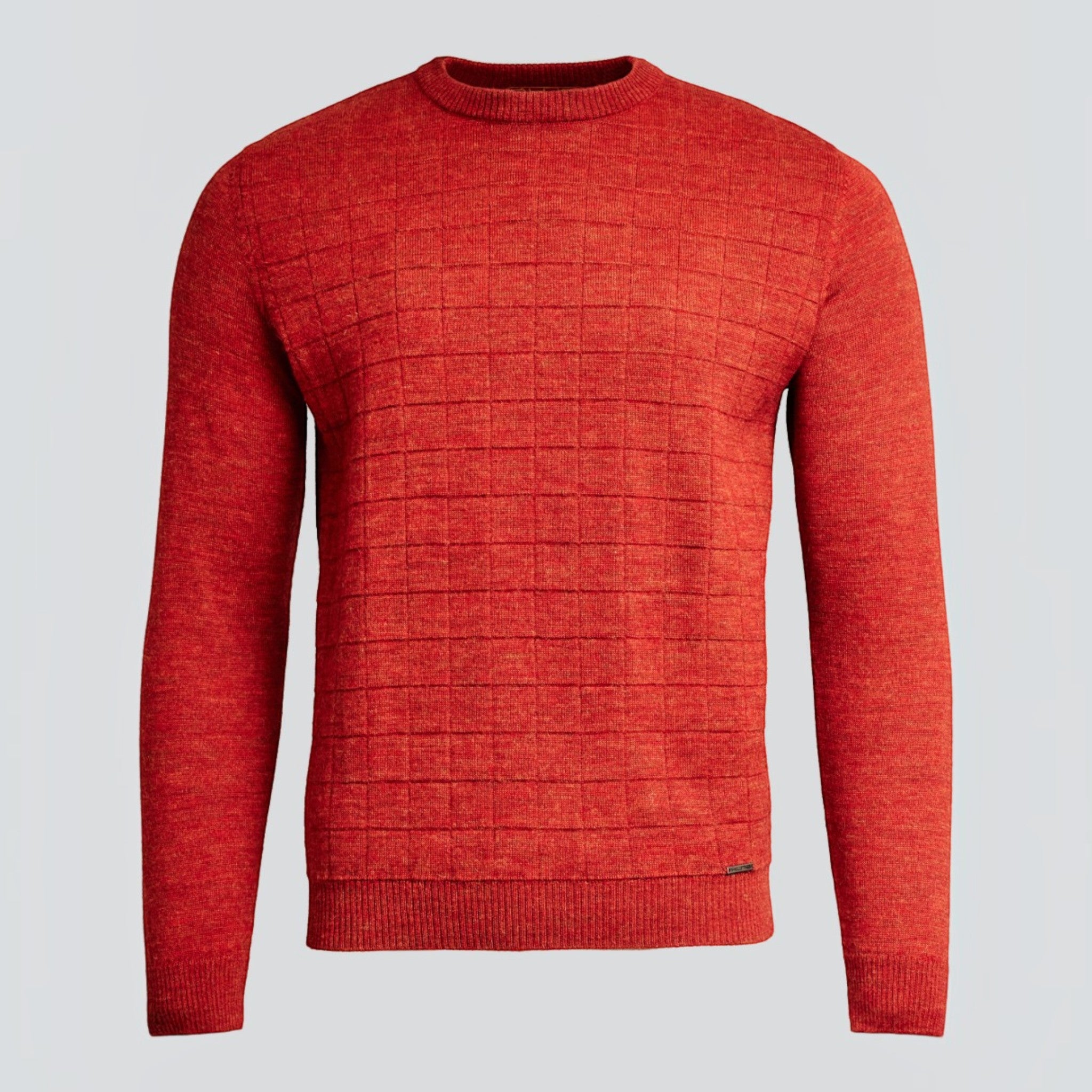 Yale men’s alpaca sweater in Secoya red with ribbed neckline, cuffs and hem