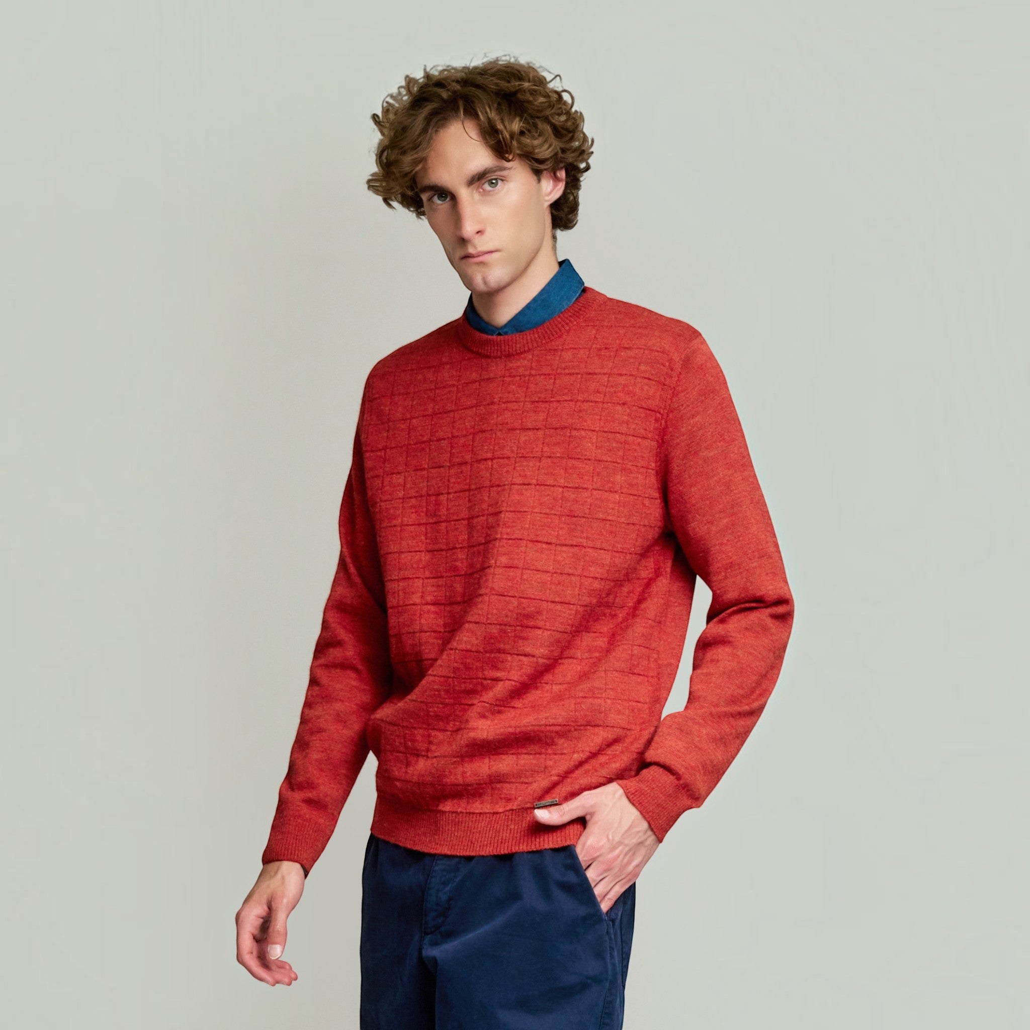 Men’s Yale Baby Alpaca sweater in rich Secoya red with textured check front