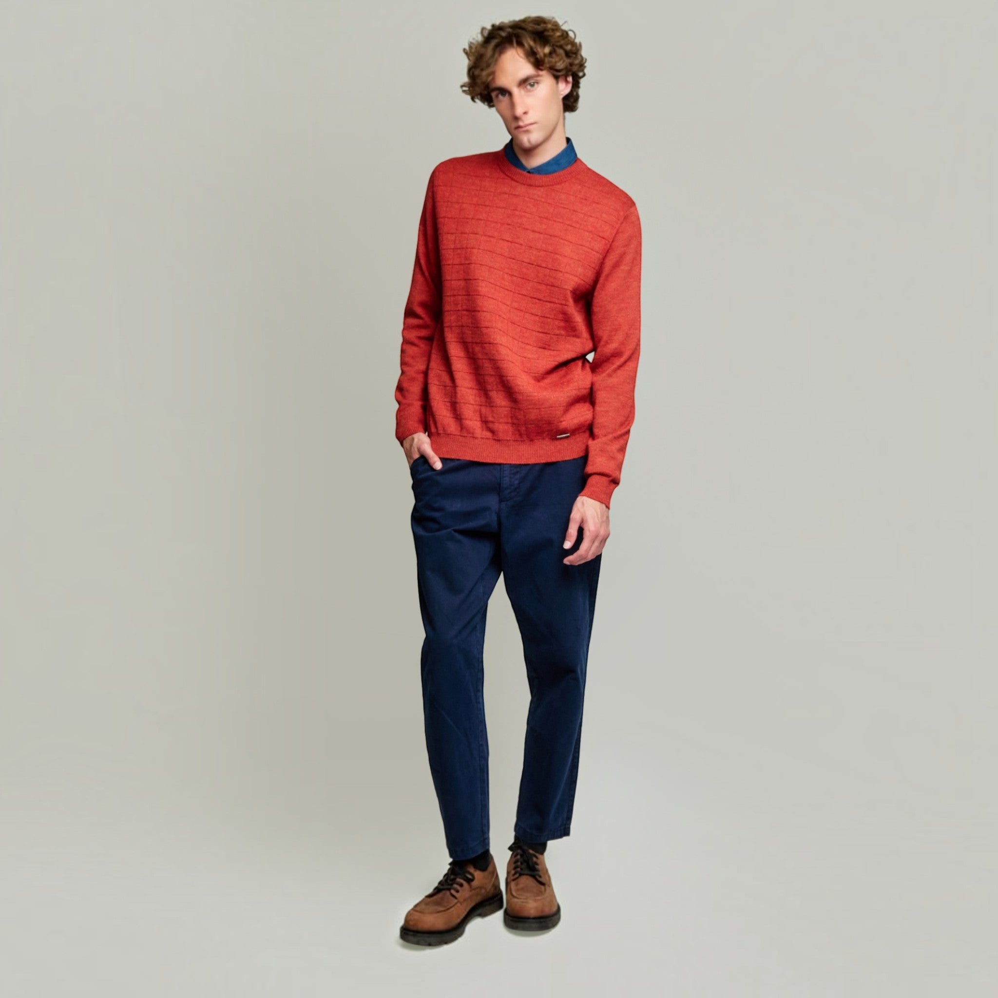 Men’s red Baby Alpaca knit with subtle checked texture across the front