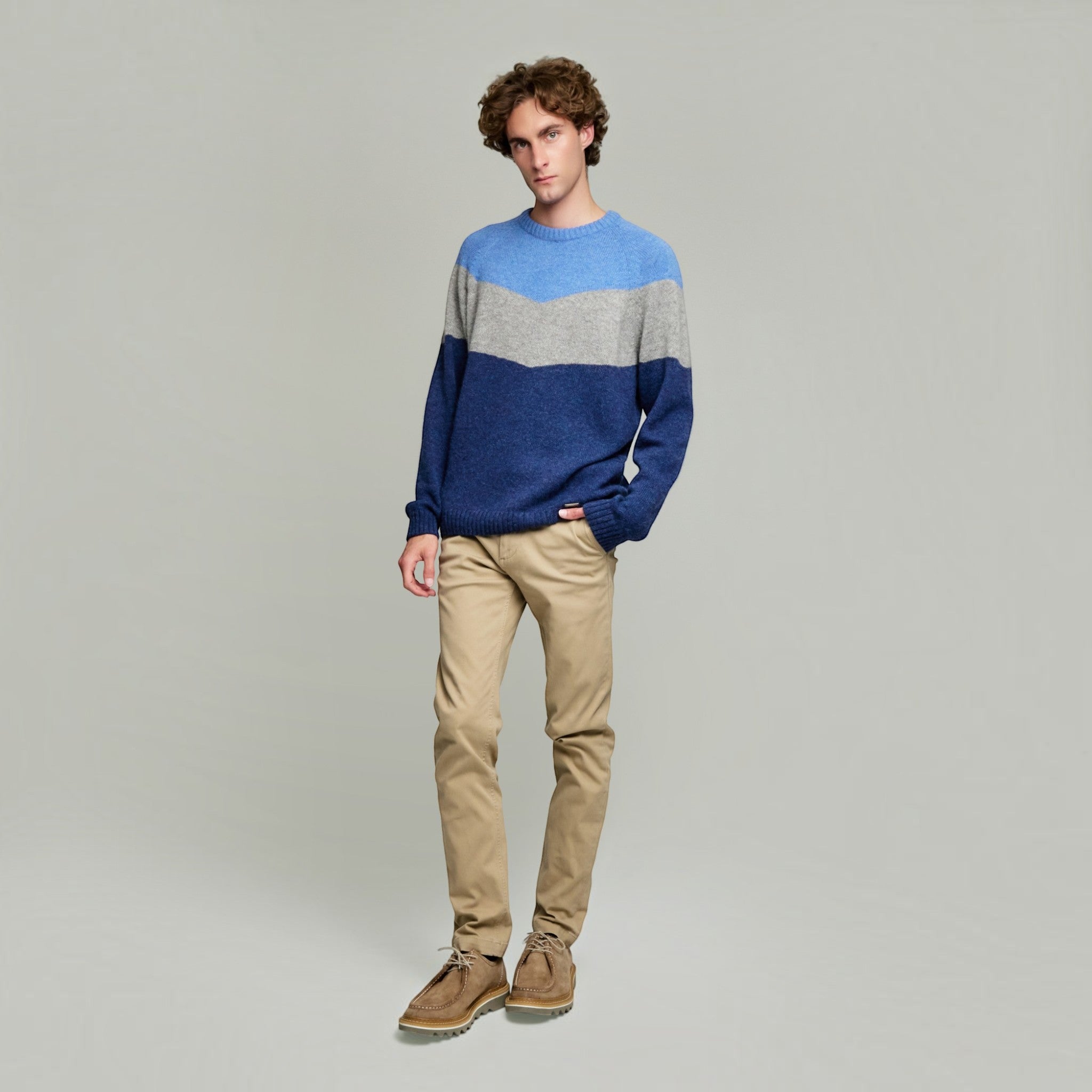 Soft men’s Baby Alpaca knit sweater with blue, grey and navy panels