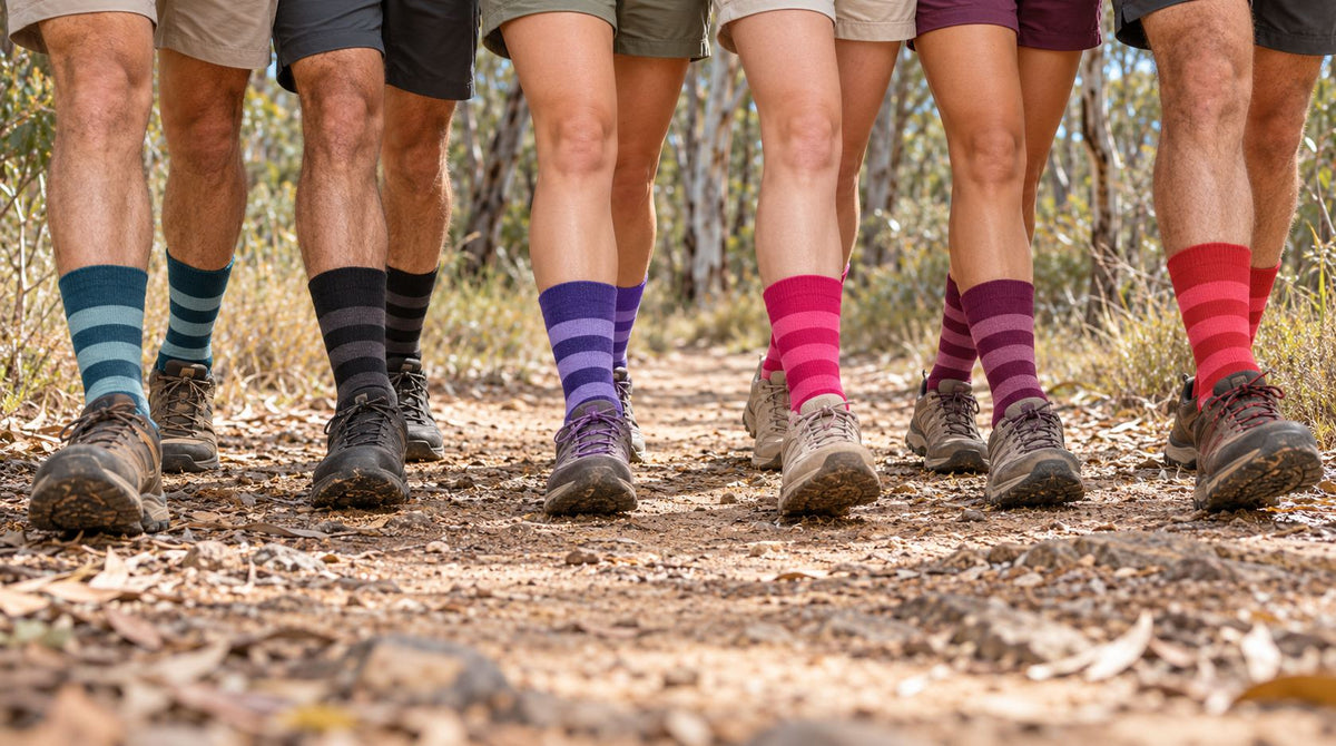 Range of Australian alpaca socks displayed in different colours and styles